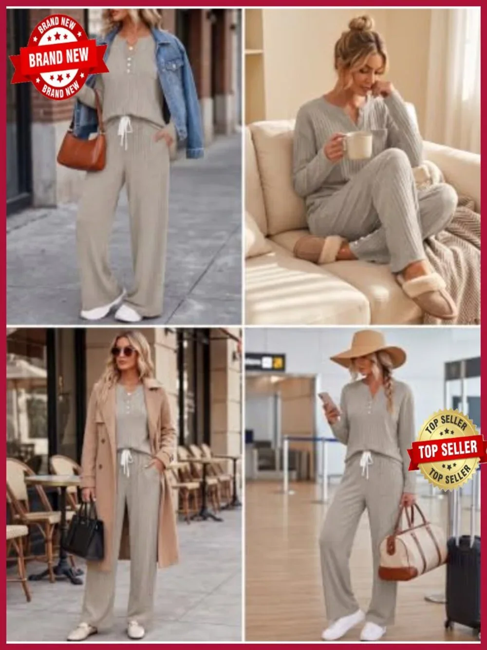 Women's Ribbed Knit Lounge Set - Henley Top & Wide Leg Pants, 2 Piece Pajamas